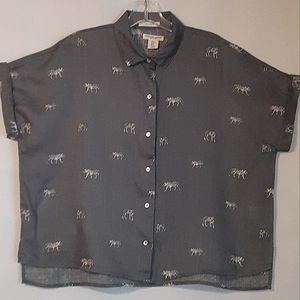 Christian Siriano Charcoal Gray Button-Front Short Sleeve Top with Tiger Print